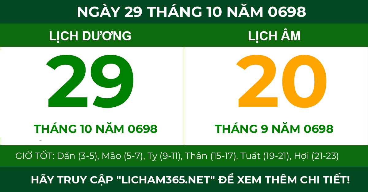 lịch âm ngày 29 tháng 10 năm 0698