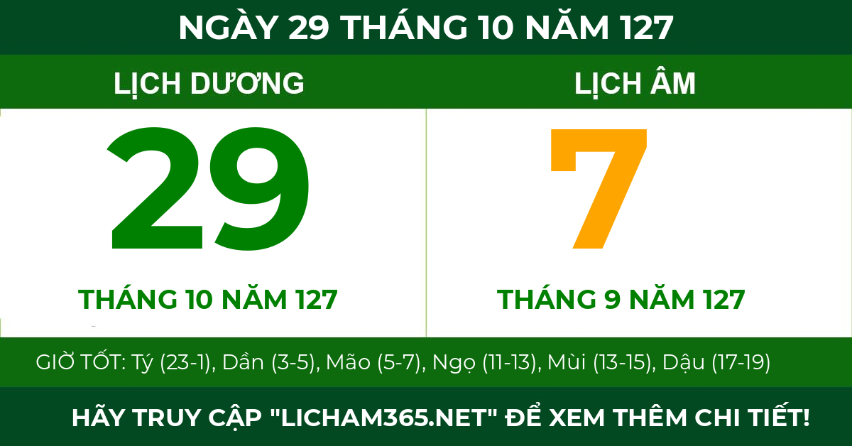 lịch âm ngày 29 tháng 10 năm 127