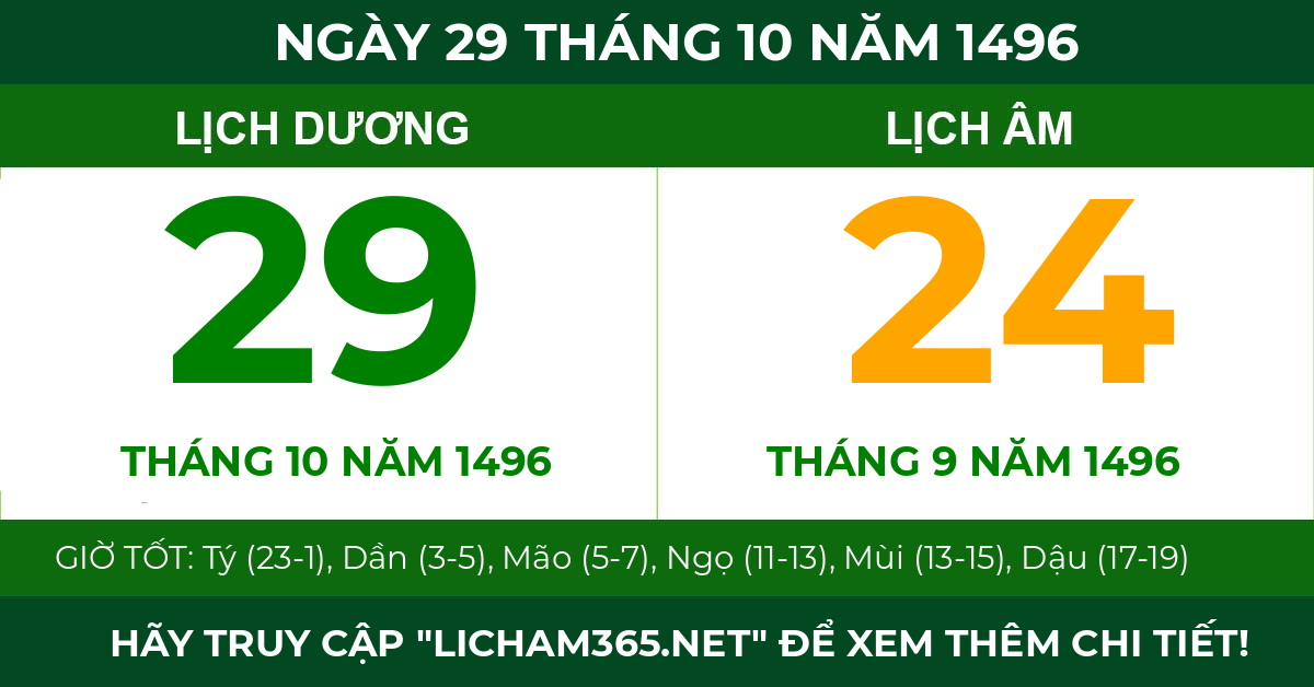 lịch âm ngày 29 tháng 10 năm 1496