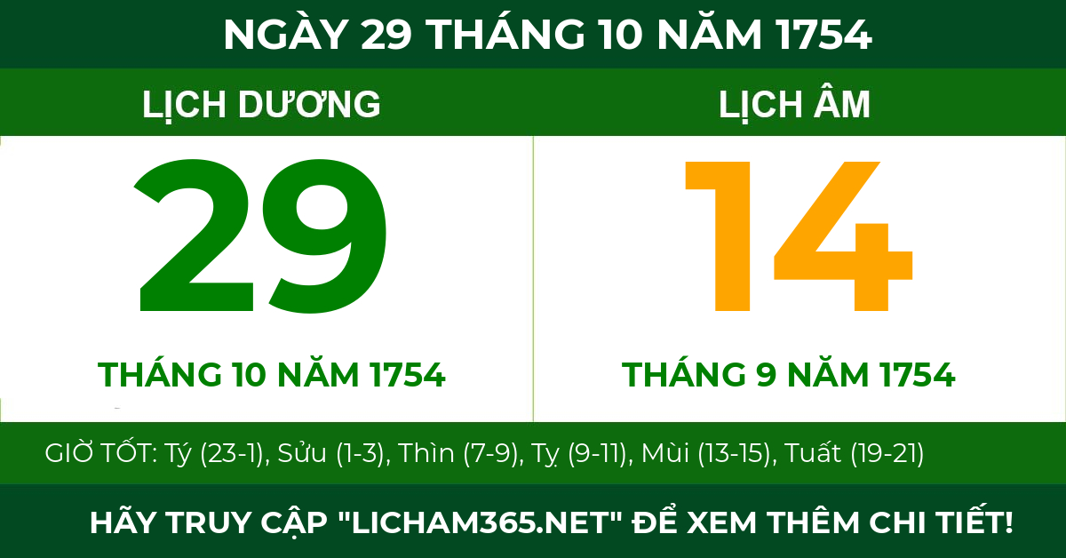 lịch âm ngày 29 tháng 10 năm 1754