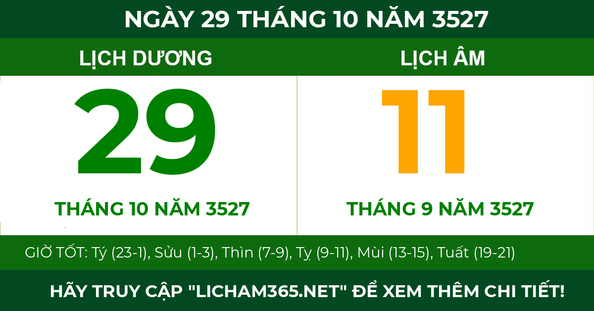 lịch âm ngày 29 tháng 10 năm 3527