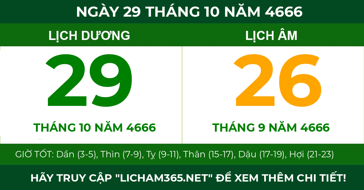 lịch âm ngày 29 tháng 10 năm 4666