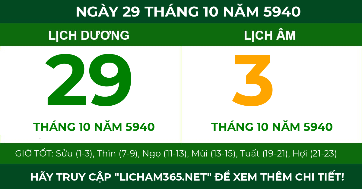 lịch âm ngày 29 tháng 10 năm 5940