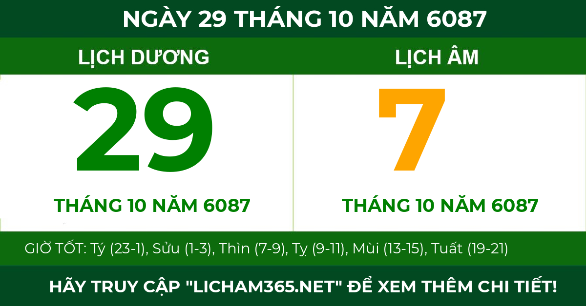 lịch âm ngày 29 tháng 10 năm 6087