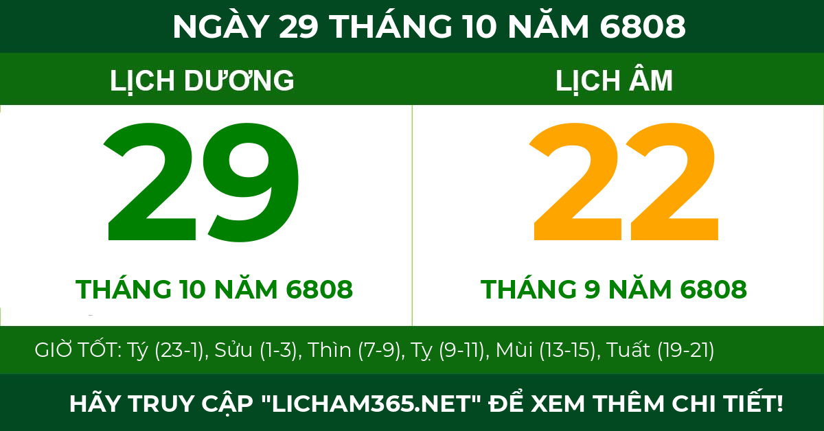 lịch âm ngày 29 tháng 10 năm 6808