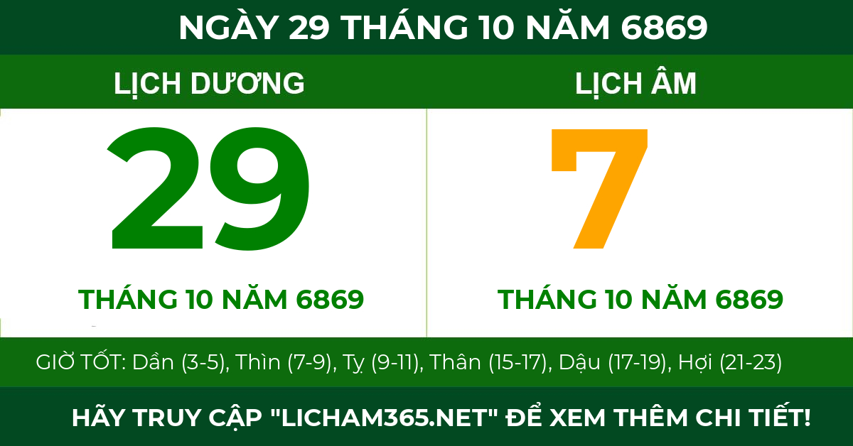 lịch âm ngày 29 tháng 10 năm 6869