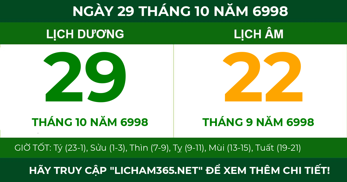 lịch âm ngày 29 tháng 10 năm 6998