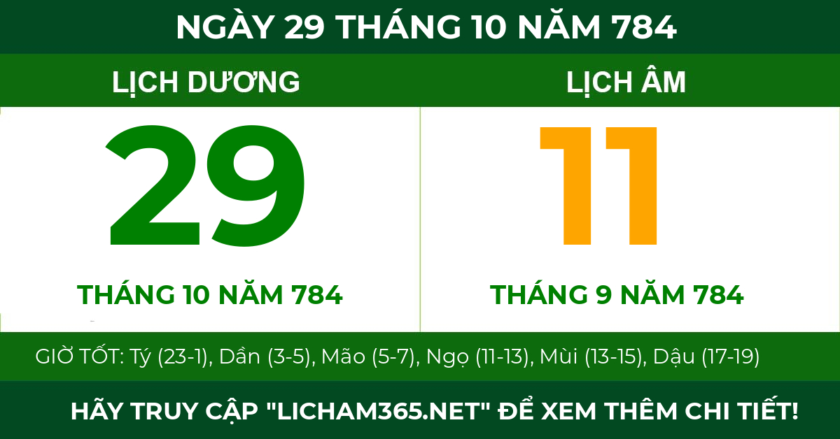 lịch âm ngày 29 tháng 10 năm 784