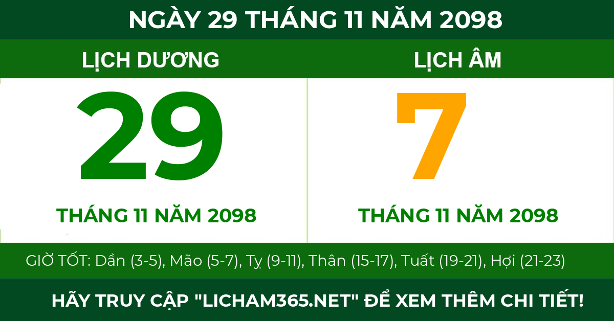 lịch âm ngày 29 tháng 11 năm 2098