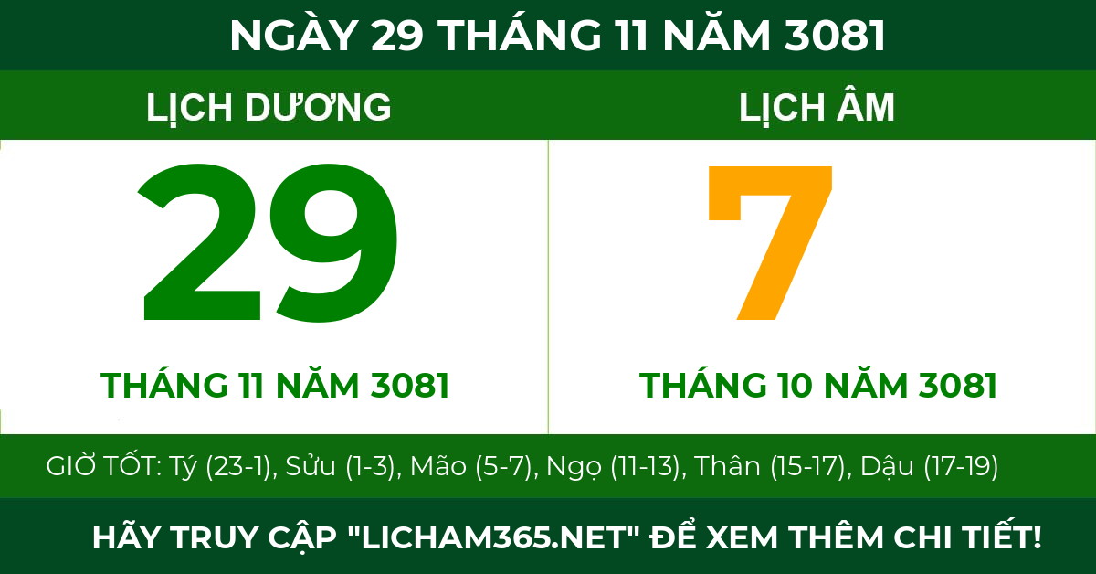 lịch âm ngày 29 tháng 11 năm 3081