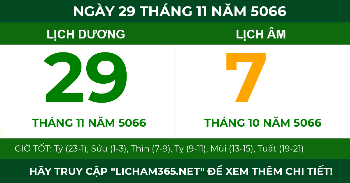 lịch âm ngày 29 tháng 11 năm 5066