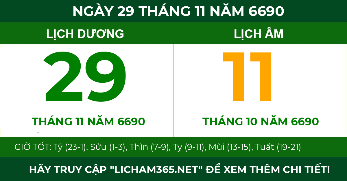 lịch âm ngày 29 tháng 11 năm 6690