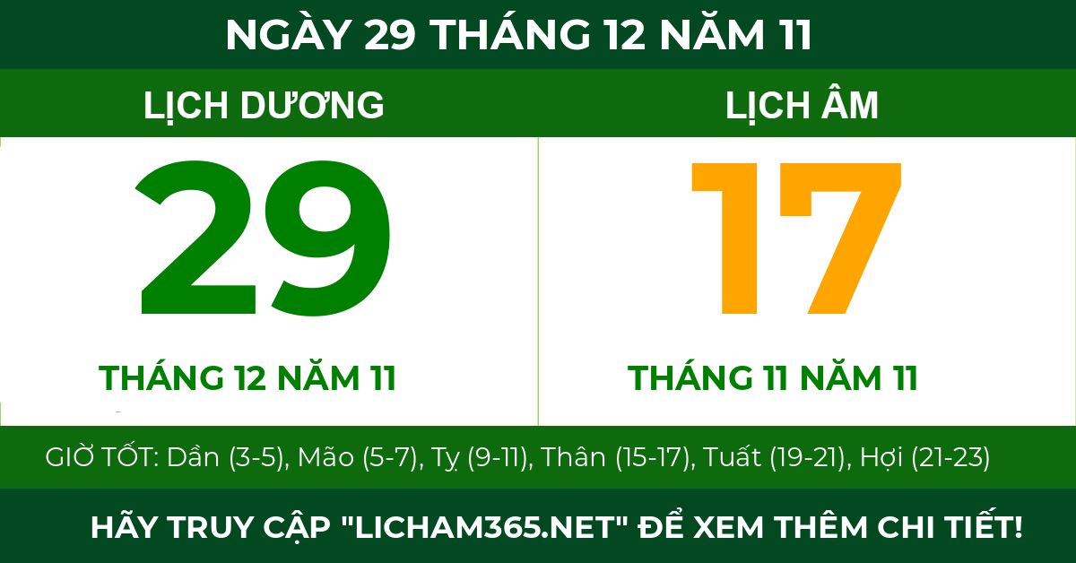 lịch âm ngày 29 tháng 12 năm 11