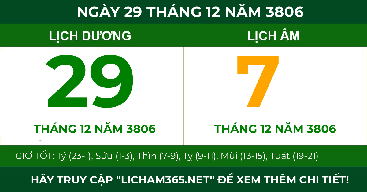 lịch âm ngày 29 tháng 12 năm 3806