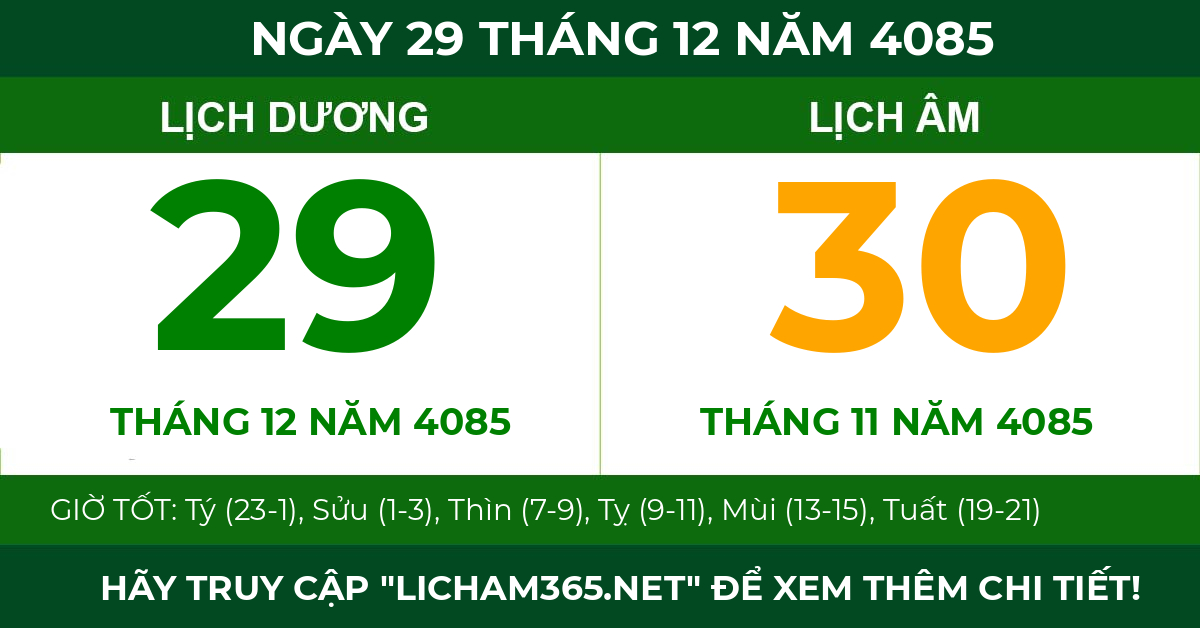 lịch âm ngày 29 tháng 12 năm 4085