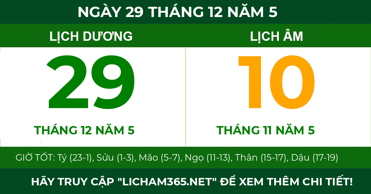 lịch âm ngày 29 tháng 12 năm 5