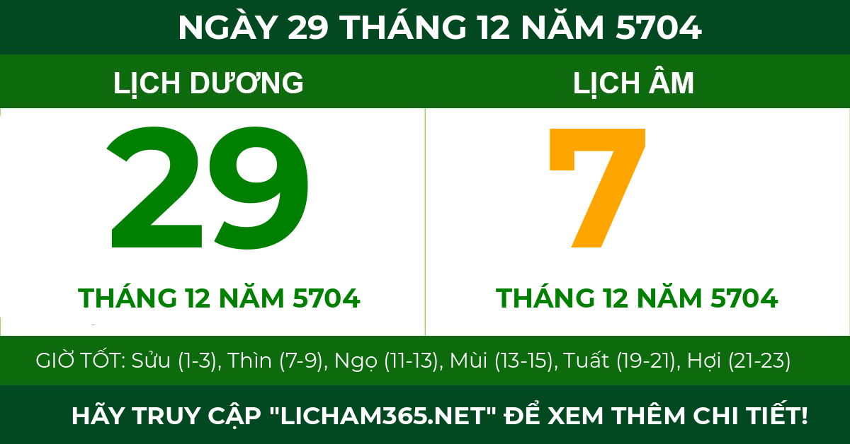lịch âm ngày 29 tháng 12 năm 5704