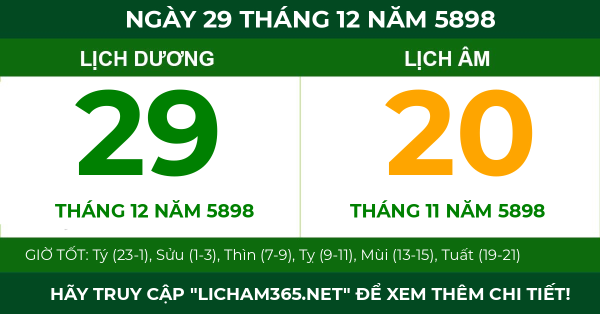 lịch âm ngày 29 tháng 12 năm 5898