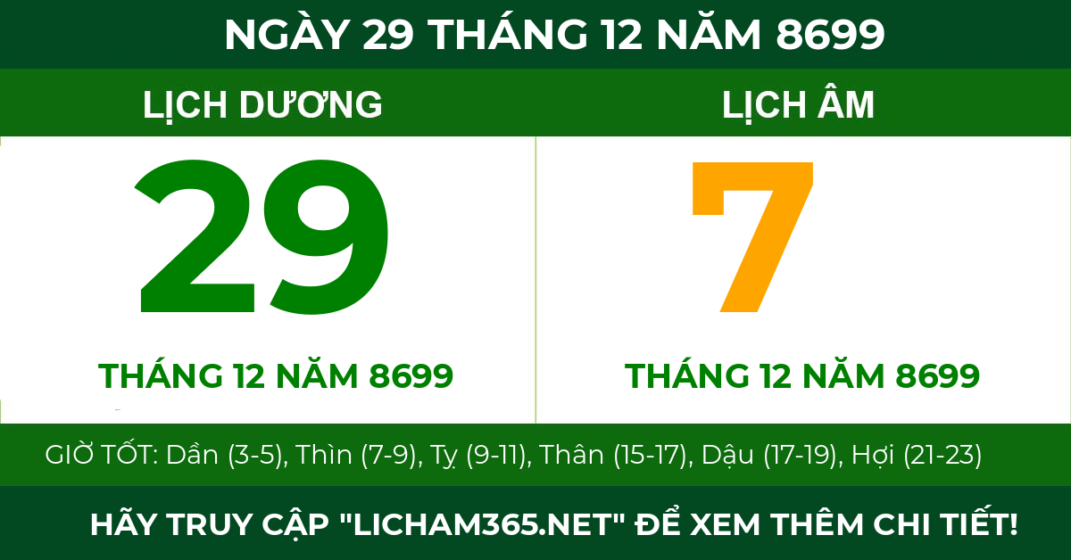 lịch âm ngày 29 tháng 12 năm 8699