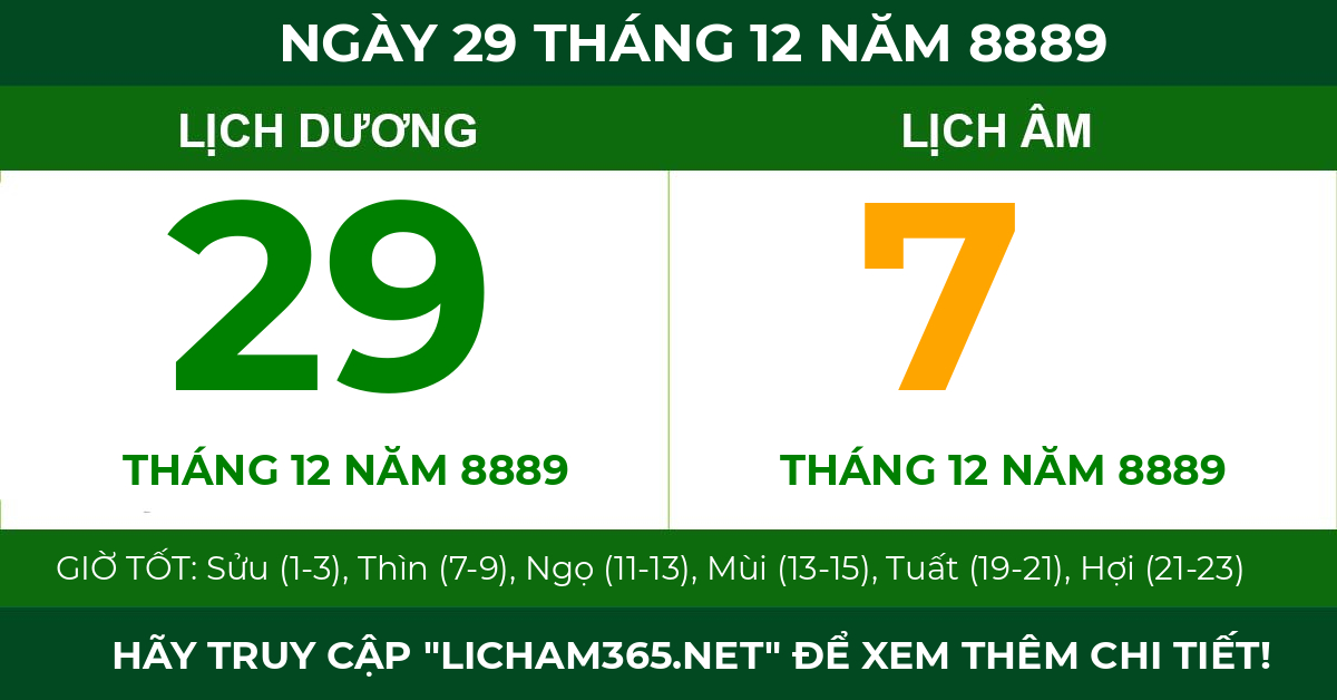 lịch âm ngày 29 tháng 12 năm 8889