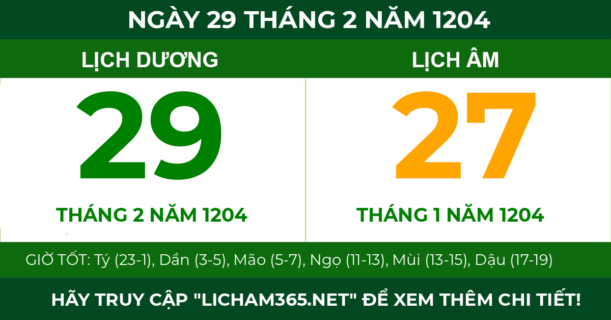 lịch âm ngày 29 tháng 2 năm 1204