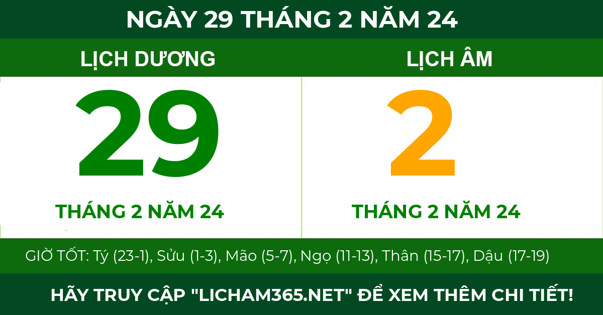lịch âm ngày 29 tháng 2 năm 24