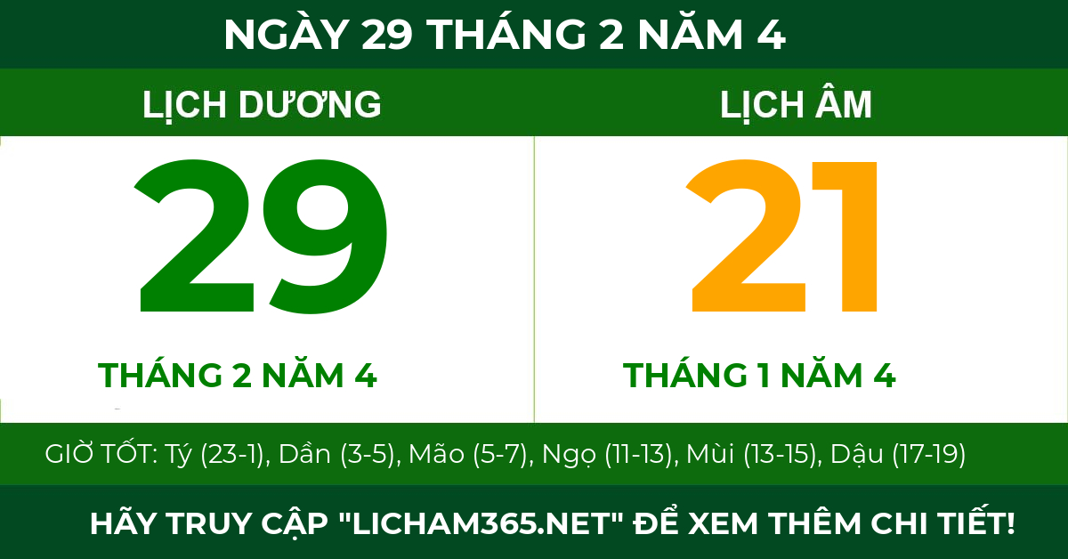 lịch âm ngày 29 tháng 2 năm 4