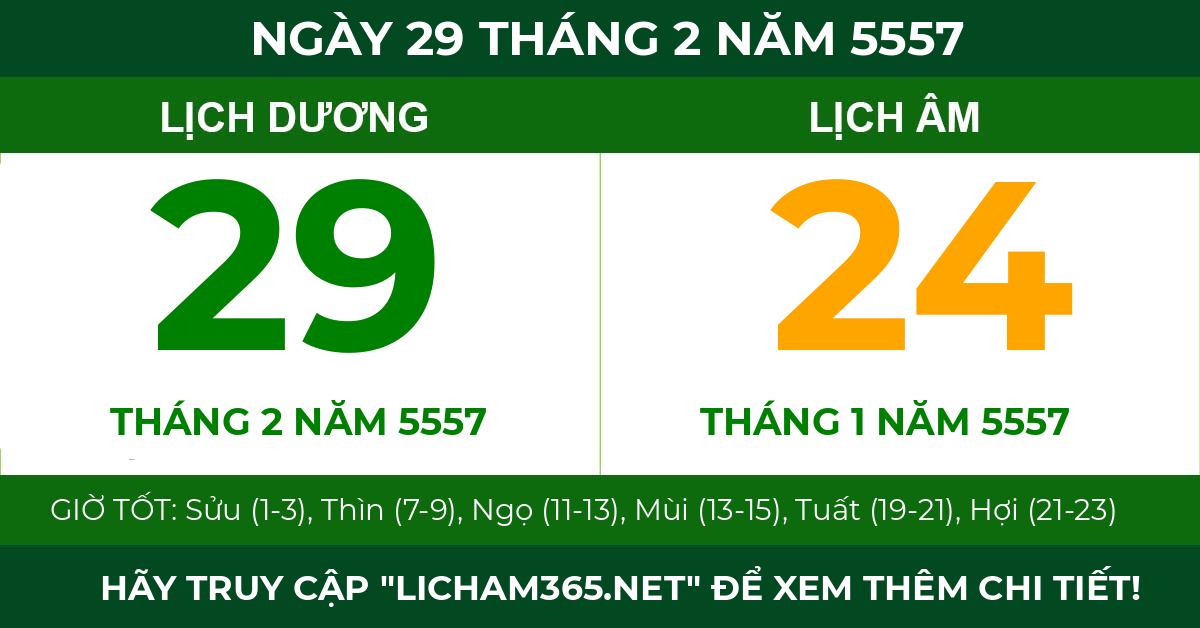lịch âm ngày 29 tháng 2 năm 5557