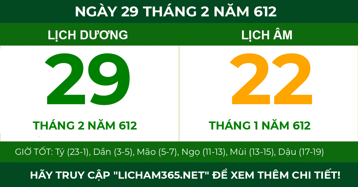 lịch âm ngày 29 tháng 2 năm 612