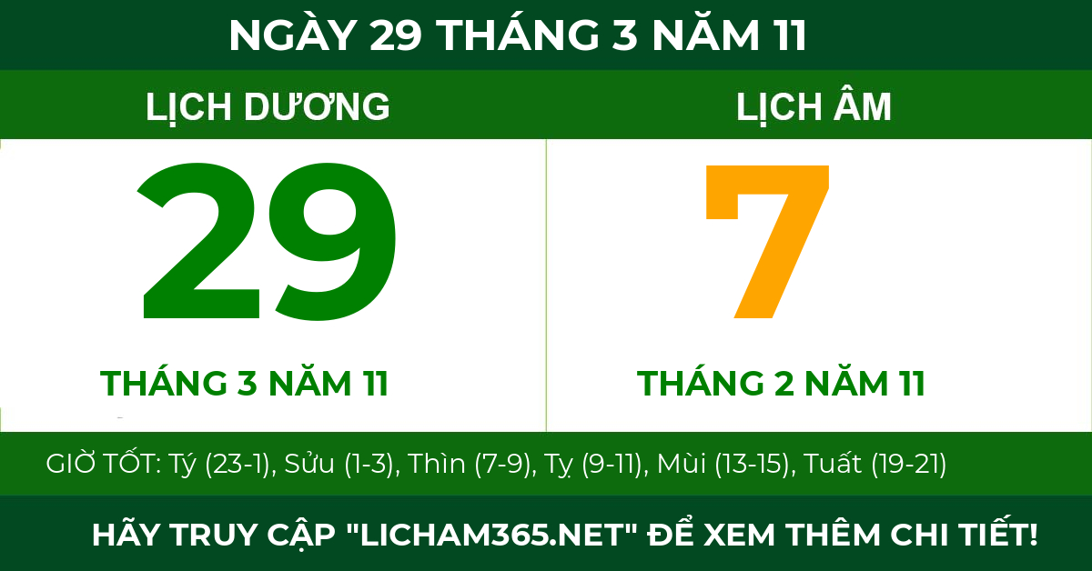 lịch âm ngày 29 tháng 3 năm 11