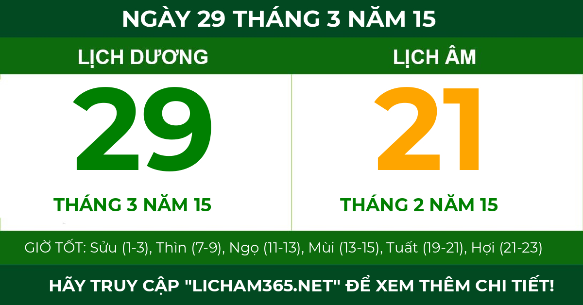 lịch âm ngày 29 tháng 3 năm 15