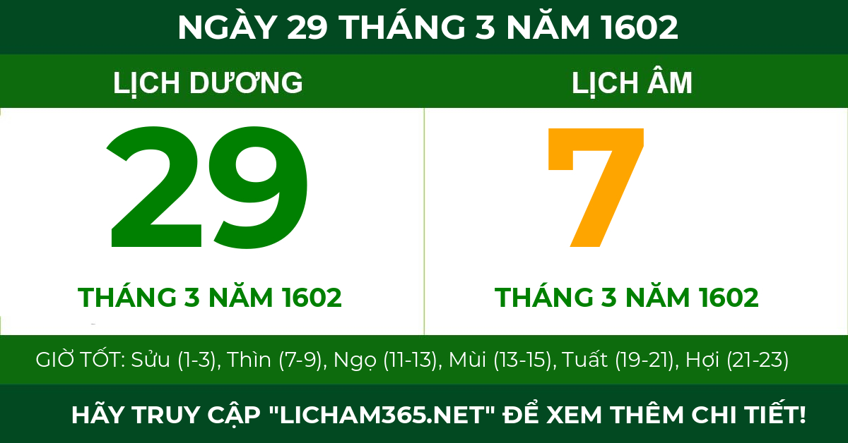 lịch âm ngày 29 tháng 3 năm 1602