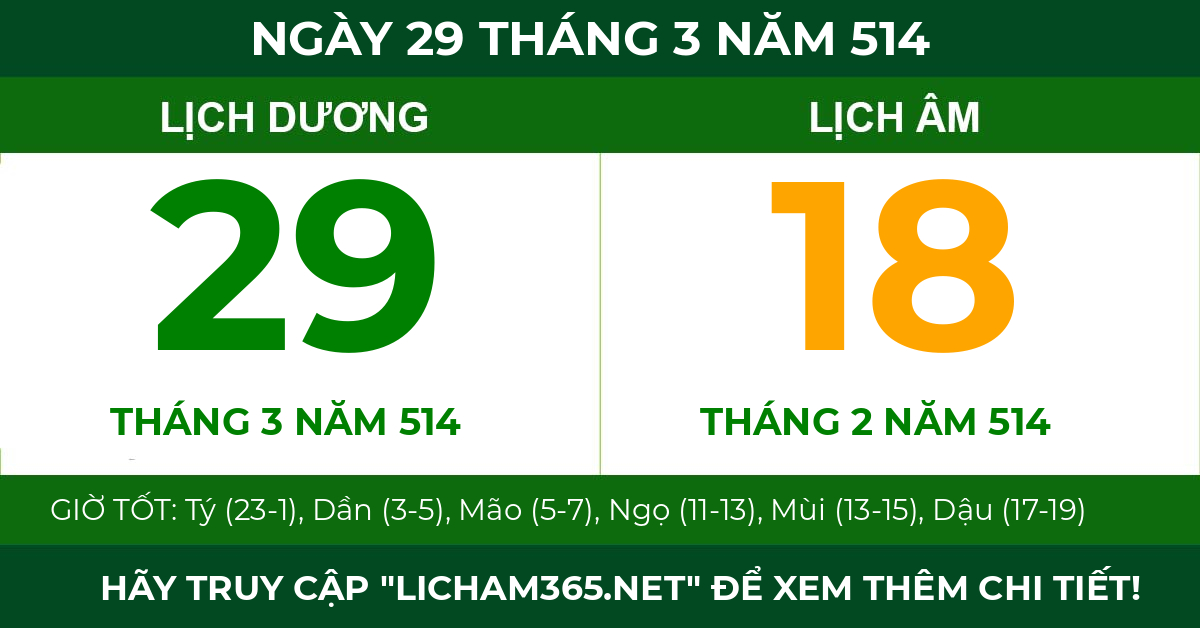 lịch âm ngày 29 tháng 3 năm 514