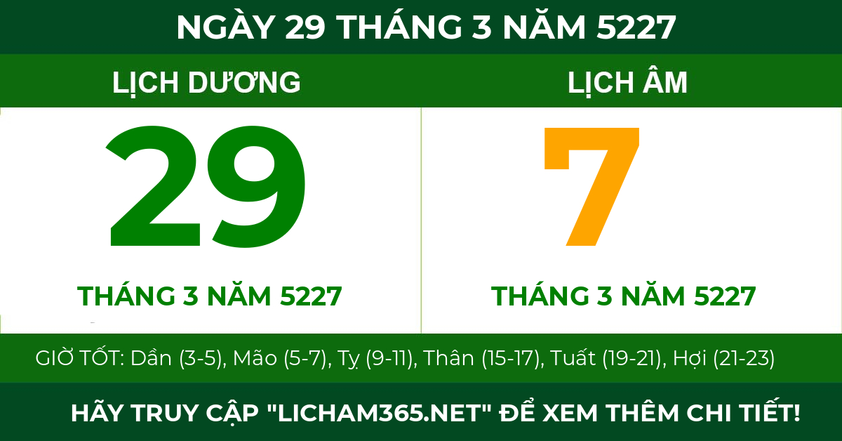 lịch âm ngày 29 tháng 3 năm 5227