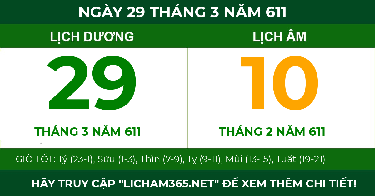 lịch âm ngày 29 tháng 3 năm 611