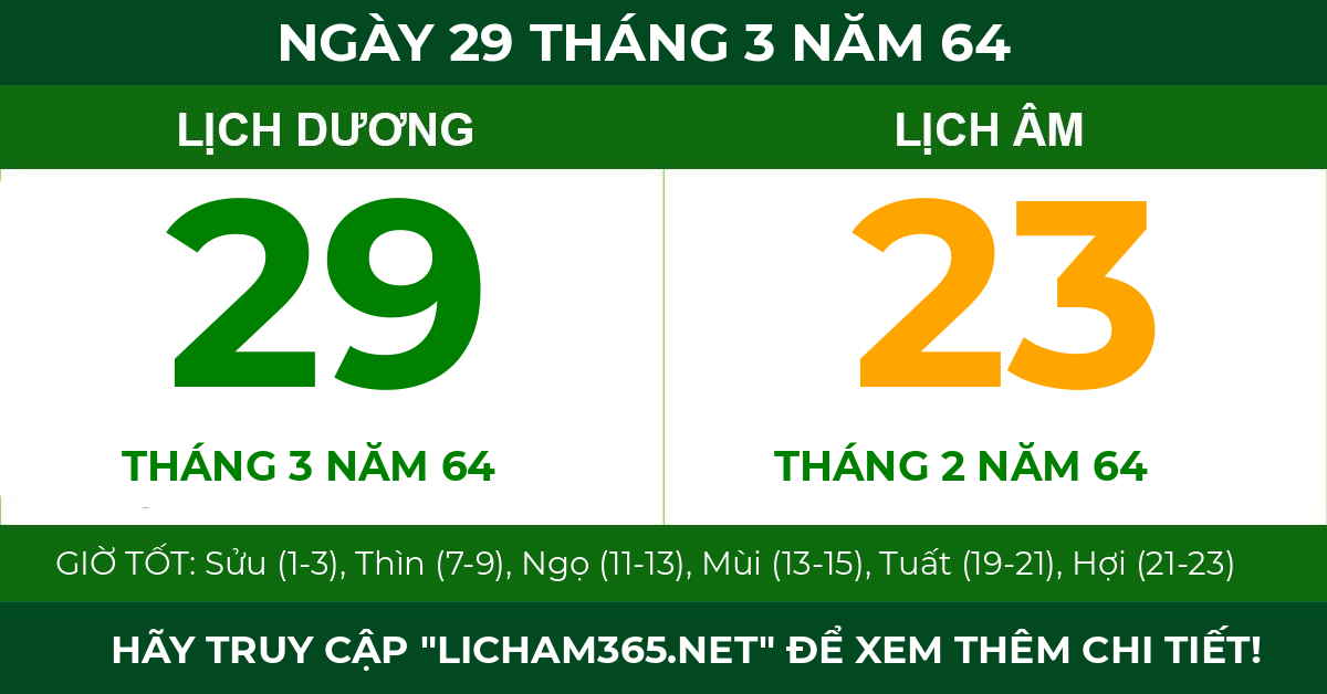 lịch âm ngày 29 tháng 3 năm 64