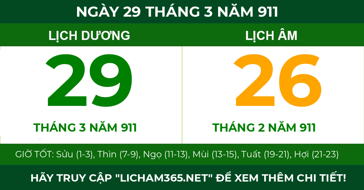 lịch âm ngày 29 tháng 3 năm 911