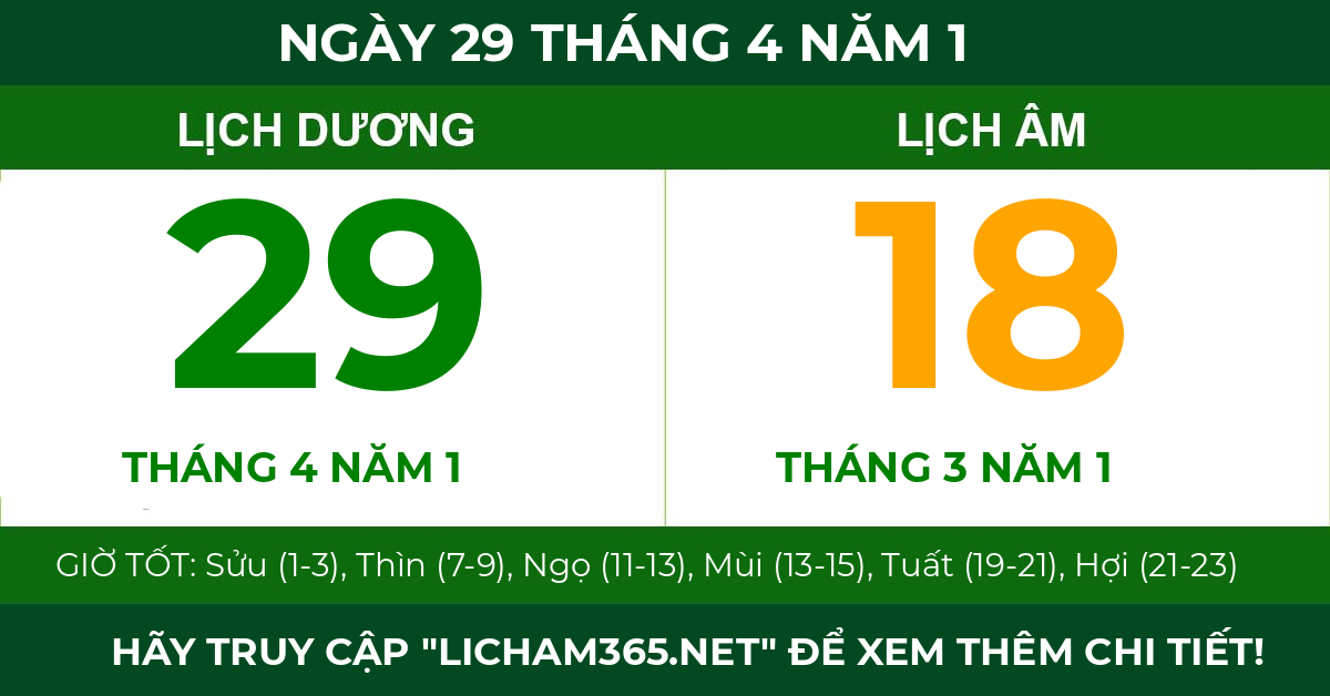 lịch âm ngày 29 tháng 4 năm 1