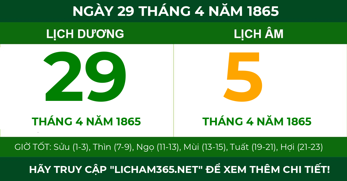 lịch âm ngày 29 tháng 4 năm 1865