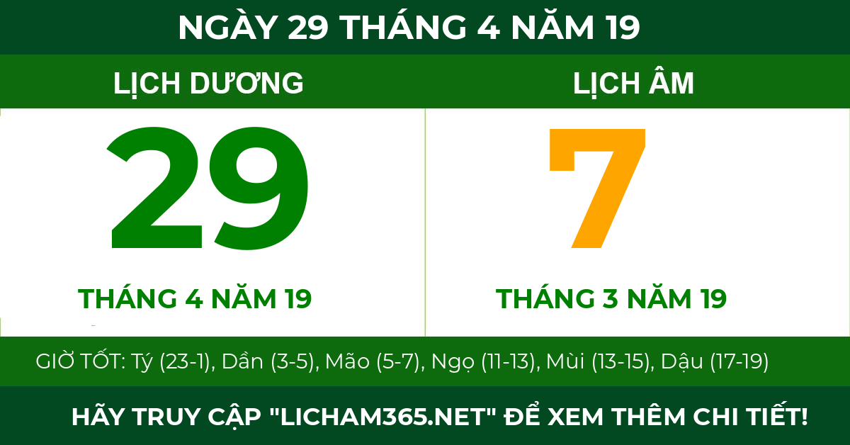 lịch âm ngày 29 tháng 4 năm 19