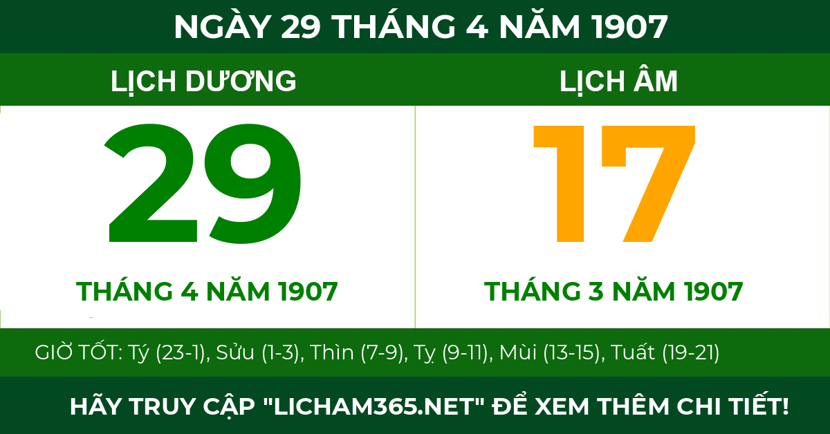lịch âm ngày 29 tháng 4 năm 1907