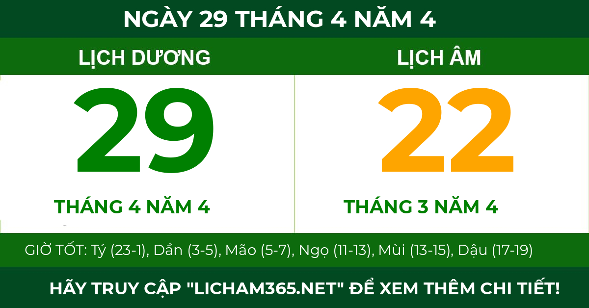 lịch âm ngày 29 tháng 4 năm 4