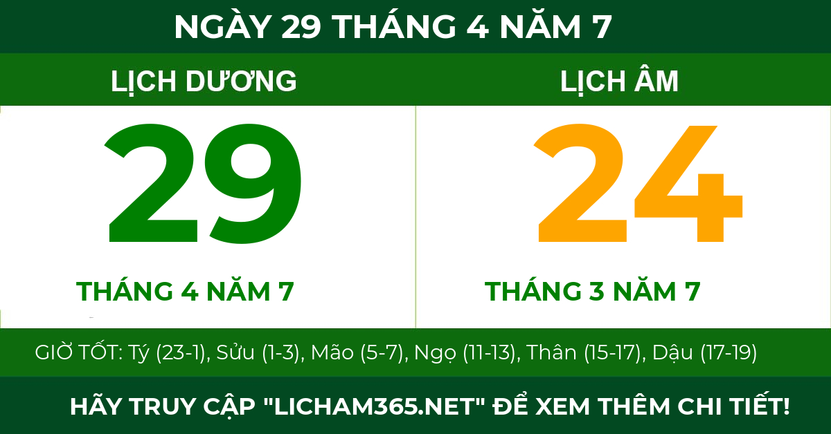 lịch âm ngày 29 tháng 4 năm 7