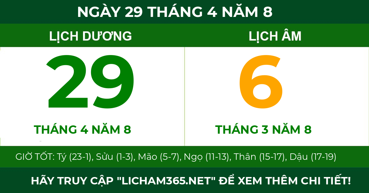 lịch âm ngày 29 tháng 4 năm 8