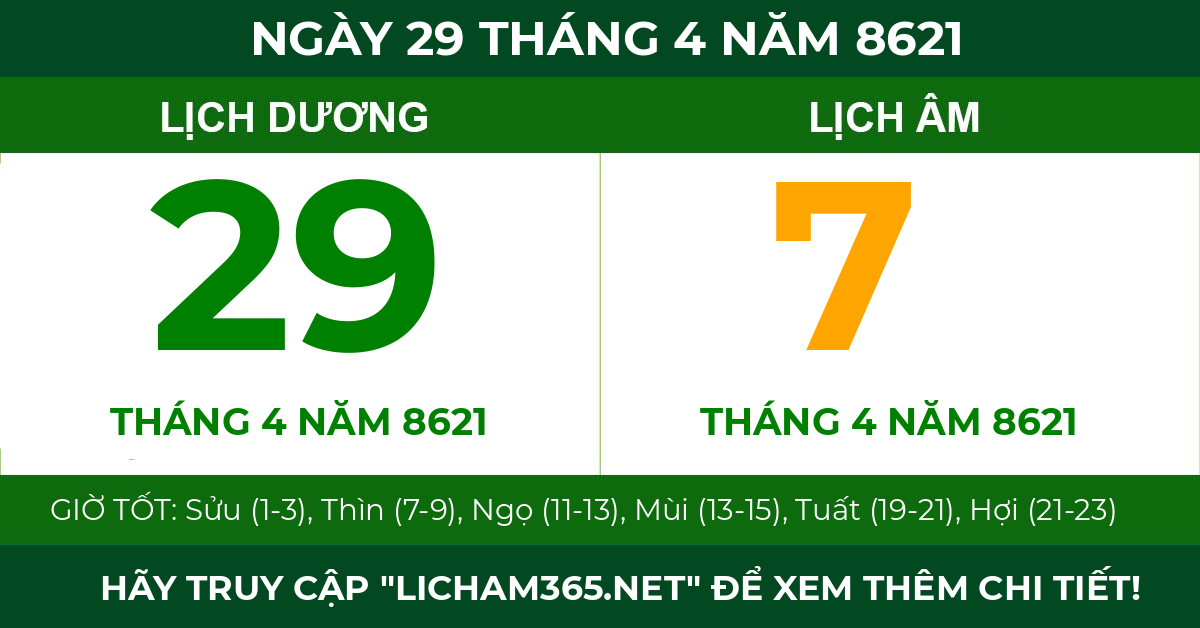 lịch âm ngày 29 tháng 4 năm 8621