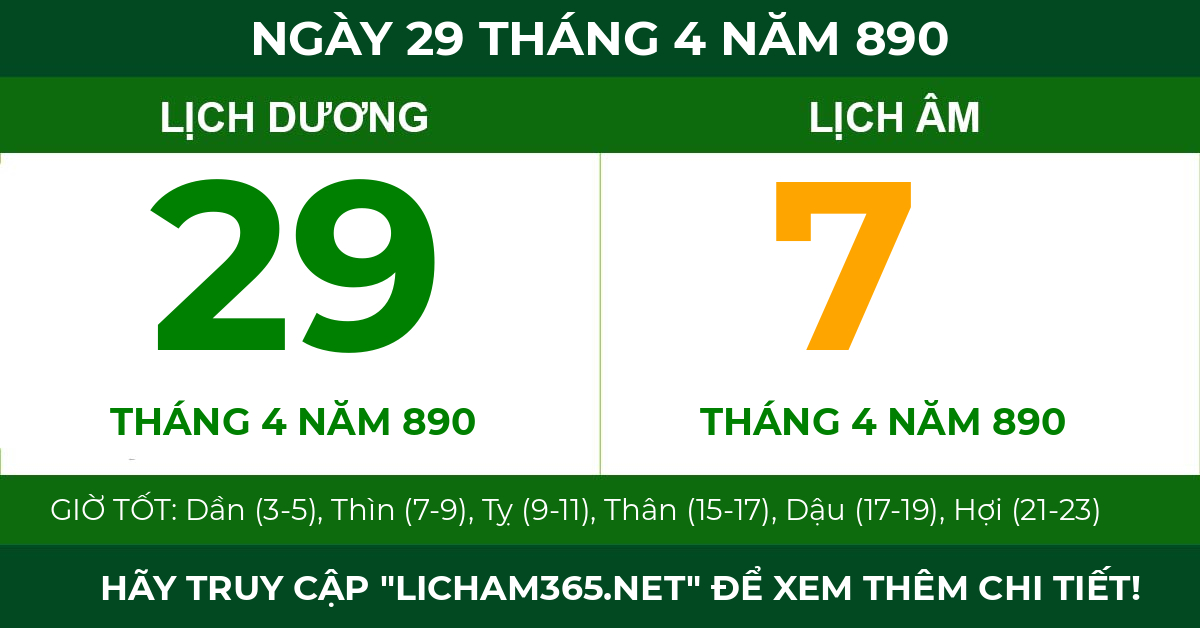 lịch âm ngày 29 tháng 4 năm 890