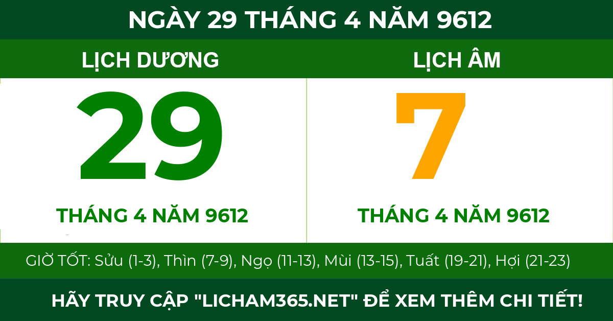 lịch âm ngày 29 tháng 4 năm 9612
