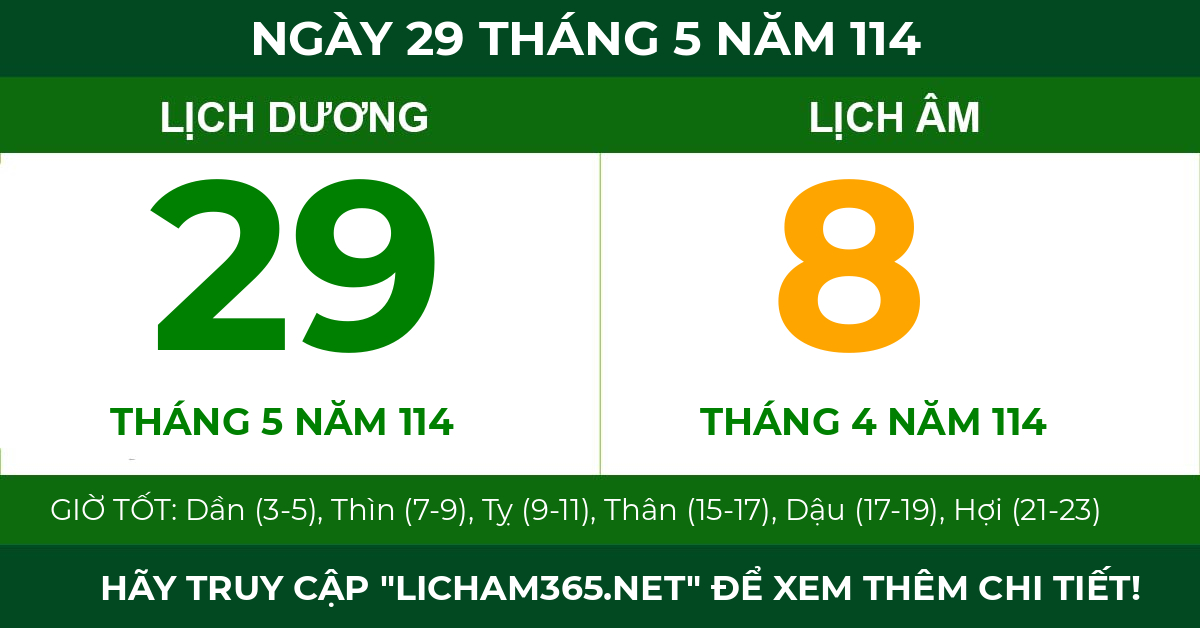lịch âm ngày 29 tháng 5 năm 114
