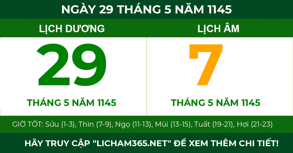 lịch âm ngày 29 tháng 5 năm 1145