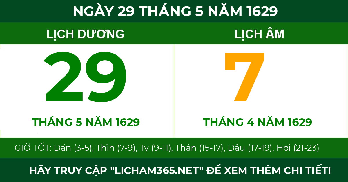 lịch âm ngày 29 tháng 5 năm 1629